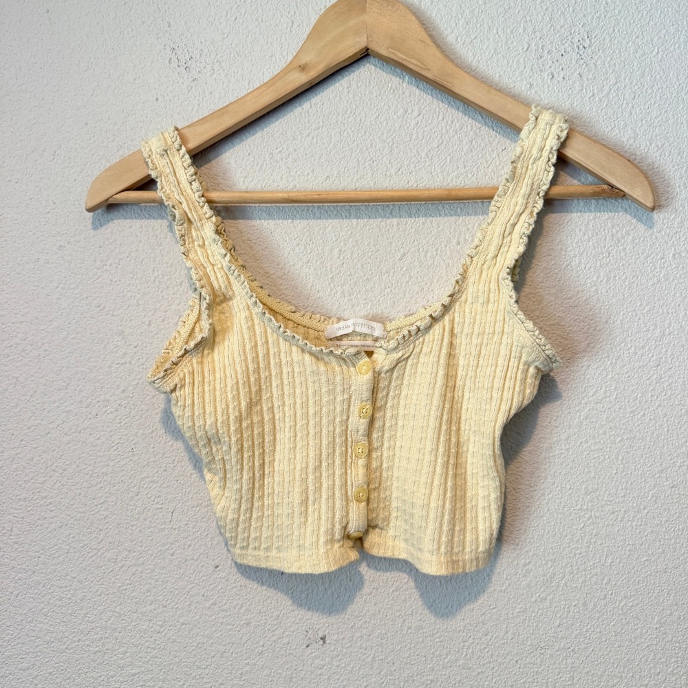 Urban Outfitters Women Pale Yellow Ribbed Lettuce Trim Button Front Crop Tank